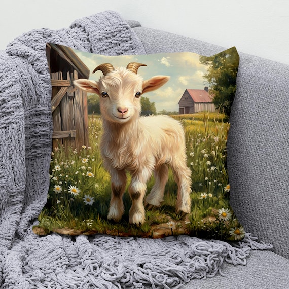 Adorable Goat Throw Pillow Cover, Cotton Linen Pillowcase with Farm Scene, Multiple Sizes, Rustic Decorative Cushion Cover for Couch, Sofa