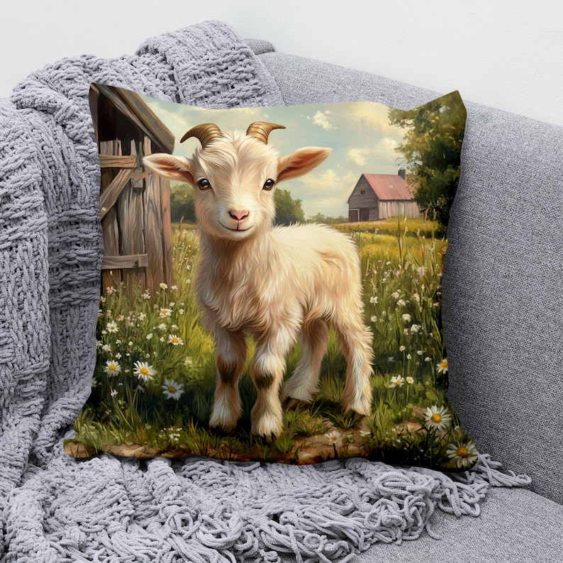 Adorable Goat Throw Pillow Cover, Cotton Linen Pillowcase with Farm Scene, Multiple Sizes, Rustic Decorative Cushion Cover for Couch, Sofa, or Bed