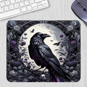 Mystische Raben Mauspad - Gothic Floral Mousepad, Weiche Goth Schreibtischmatte - Computer, Laptop Matte, genähte Kante, benutzerdefinierter Text