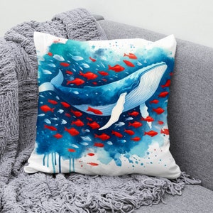 Whale and Fish Throw Pillow Cover - Ocean Marine Life Cotton Linen Pillowcase - Decorative Cushion Cover for Sofa, Couch, Bedroom Decor