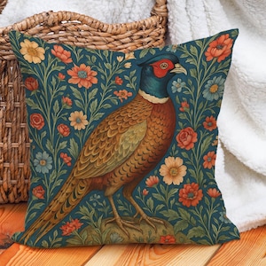 Floral Pheasant Pillow Cover, Vintage Bird Cushion, William Morris Style Home Decor, Rustic Country Throw Pillow for Cozy Farmhouse Living
