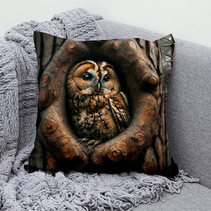 Tawny Owl Pillow Cover, Cotton Linen Cushion Cover, Woodland Throw Pillow Case, Cozy Tree Square, Owl Lover Gift