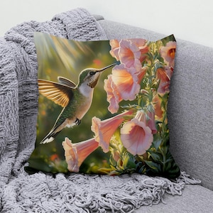 Hummingbird & Trumpet Flowers Throw Pillow Cover, Nature Art Pillowcase, Cotton Linen Cushion Cover for Living Room Decor