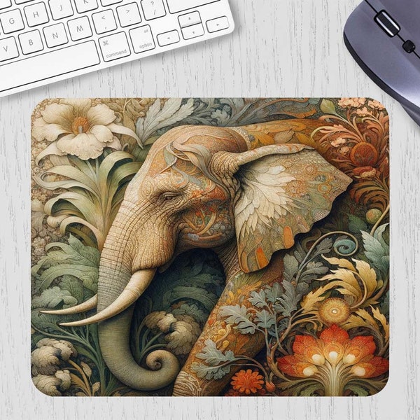 Elephant Mouse Pad - Ornate Jungle Floral Mousepad - Stitched Edge Desk Mat for Computer, Laptop