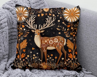 Majestic Deer Throw Pillow Cover, Cotton Linen Wildlife Cushion, Floral Deer Pillowcase, Decorative Nature Pillow for Sofa and Home Decor