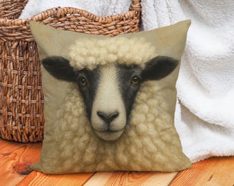 Kussenhoes schapen, kussensloop boerderijdieren kunst, rustiek landelijk decor, gezellig cottagecore-cadeau, neutraal wollig sierkussenaccent