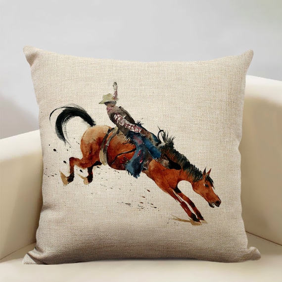 Horse Rodeo Pillow Cover Western Rodeo Horse with Cowboy Watercolor Art  Cushion Cover Throw Pillow Case Decoration American Retro Style