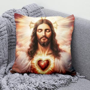 Sacred Heart of Jesus Throw Pillow Cover Cotton Linen, Christian Religious Art Pillowcase for Sofa, Couch, or Spiritual Home Decor