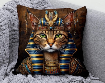 Ägyptischer Katzen-Kissenbezug - Dekorativer Kissenbezug aus Baumwolle und Leinen - Regal Feline Kissenbezug für einzigartiges und künstlerisches Wohndekor