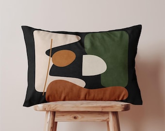 Earth Tone Abstract Lumbar Pillow Cover Black Olive Beige | Oblong Modern Minimalist Cushion for Neutral Decor | Organic Form Throw Pillow