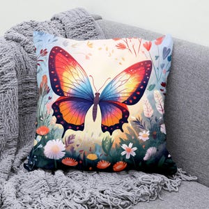 Colorful Butterfly Throw Pillow Cover - Cotton Linen Cushion - Boho Floral Pillowcase for Sofa or Bedroom Decor - Rainbow, Red, Blue