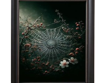 Spider Web Dark Forestcore Wall Art, Gothic Canvas Print Dark Cottagecore Botanical Physical Artwork, Moody Dark Academia Mystical Nature