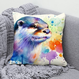 Colorful Otter Throw Pillow Cover - Artistic Cotton Linen Pillowcase - Watercolor Style Decorative Cushion Cover for Sofa, Couch  Decor
