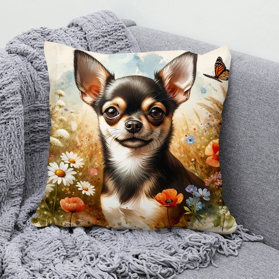Chihuahua Pillow Cover Dog Square Cotton Linen Cushion Cover With Watercolor Floral Design Cozy Home Decor Etsy UK