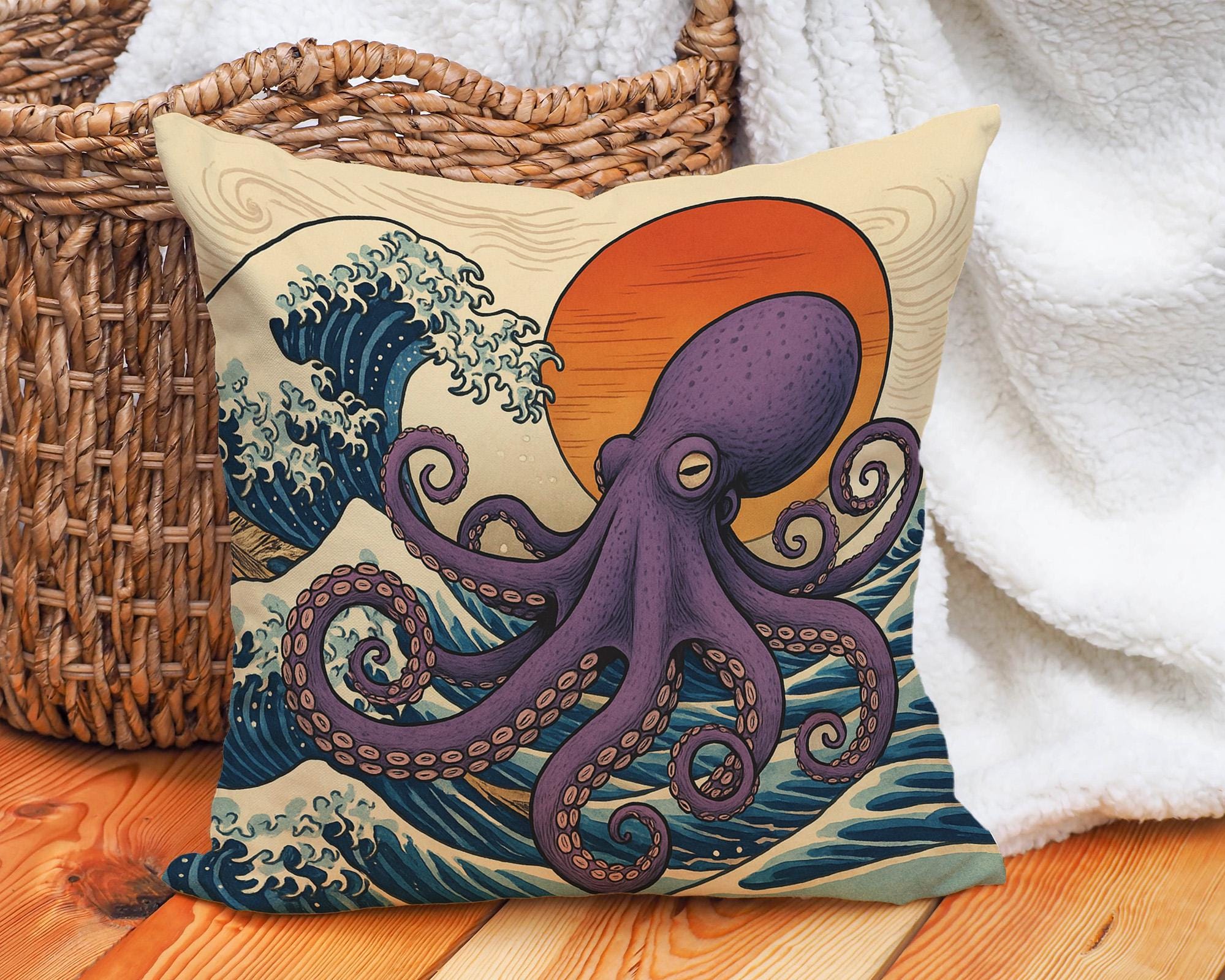 Purple Octopus Cushion Cover, Japanese Wave Throw Pillow, Nautical