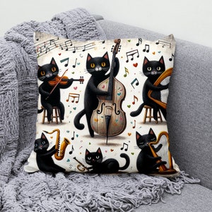 Musical Cats Cushion Cover, Cotton Linen Throw Pillow Case, Playful Music Theme Decor - Pillowcase