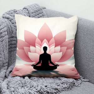 Zen Lotus Flower Meditation Throw Pillow Cover - Yoga Pillowcase - Cotton Linen Cushion - Spiritual Decor - Boho Home Accent