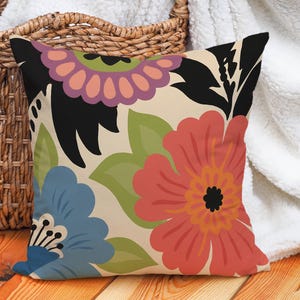 Modern Floral Throw Pillow Cover with Bold Colorful Abstract Flowers, Retro Style Cushion for Boho Living Room or Eclectic Home Decor