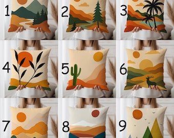 Modern Boho Landscape Decorative Throw Pillow Cover | Minimalist Cushion Case with Nature Scene | Earth Tone Mountain Sunset Design