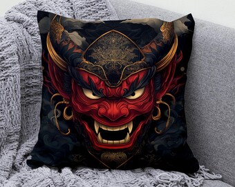 Japanese Oni Mask Cushion Cover Demon Throw Pillow Cover, Red Mask  Pillowcase, Cotton Linen Decorative Cushion Cover, Tattoo Art