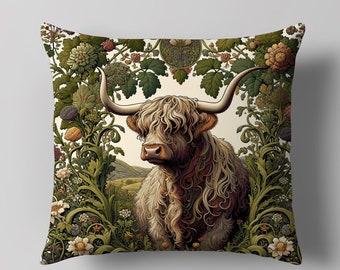 Highland Cow Pillow Cover, William Morris Art Style Throw Pillow Case - Square Floral Cotton Linen Cushion Cover, Home Decor Pillowcase