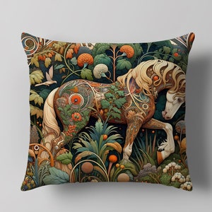 Horse Pillow Cover - Horse Print Cushion Cover, William Morris Art Throw Pillow Case  Botanical, Floral Design, Cozy Home Decor Pillowcase