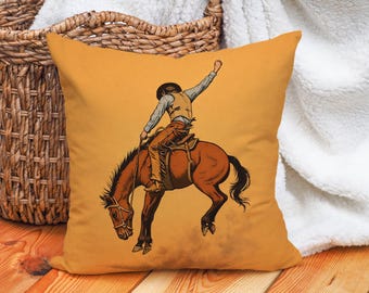 Rodeo Cowboy Pillow Cover Western Art, Vintage Ranch Decor Rustic American Cushion