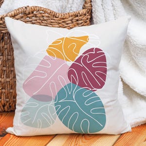 Monstera Leaf Cushion Cover with Abstract Color Block Design, Modern Boho Botanical Throw Pillow for Minimalist or Boho Decor Multiple Sizes