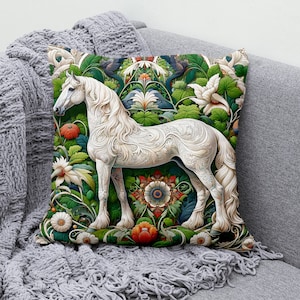 White Horse Pillow Cover - Horse Print Cushion Cover, William Morris Art Throw Pillow Case  Botanical, Floral Design, Cozy  Pillowcase