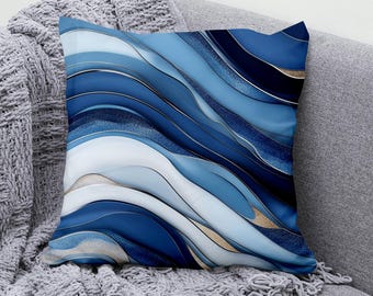 Blue Waves Throw Pillow Cover, Abstract Pillowcase, Modern Cushion Cover in Cotton Linen, Decorative Sofa Pillow for Living Room Decor