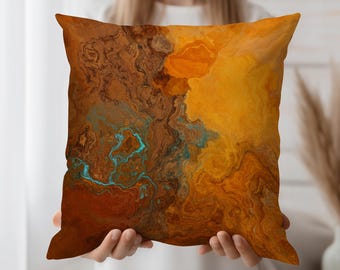 Abstract Earth Tone Throw Pillow Cover with Orange Brown Swirl and Teal Accents, Artistic Cushion Case for Sofa or Bed Home Styling