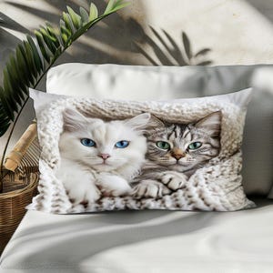 Cozy Cats Lumbar Pillow Cover, Cute Furry Friends Rectangle Cushion Cover, Snuggly Cat Decor for Living Room or Bedroom