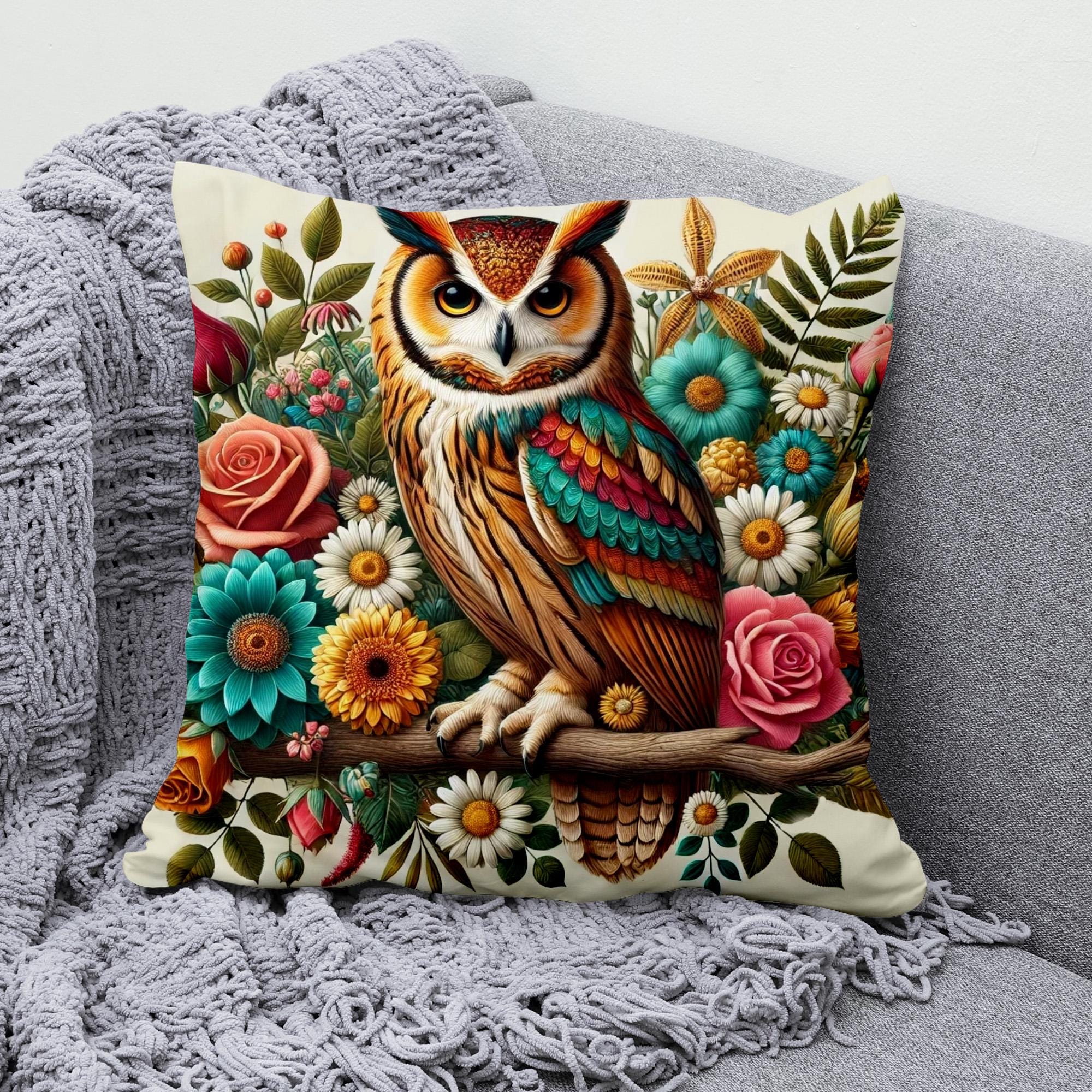 Vibrant Owl Throw Pillow Cover | Floral Cotton Linen Pillowcase | Colorful Wildlife Cushion for Couc