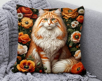 Katzenkissenbezug, floraler Kissenbezug mit oranger und weißer Katze, dekoratives Sofakissen, Gartenkissenbezug, gemütliche Wohndekoration