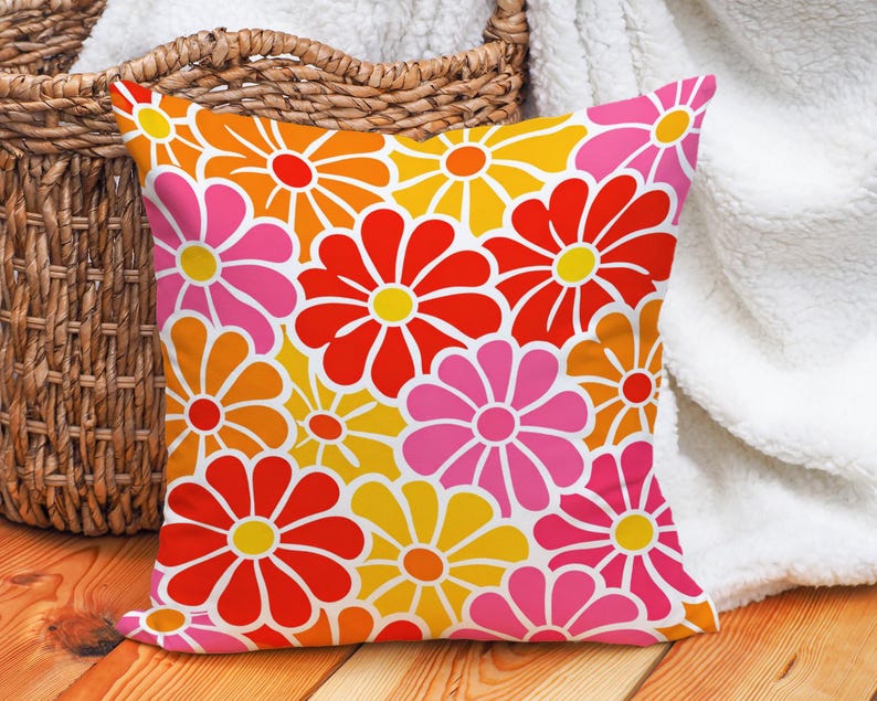Groovy Abstract Flowers Pillow Cover, Retro 70s Floral Cushion Cover ...