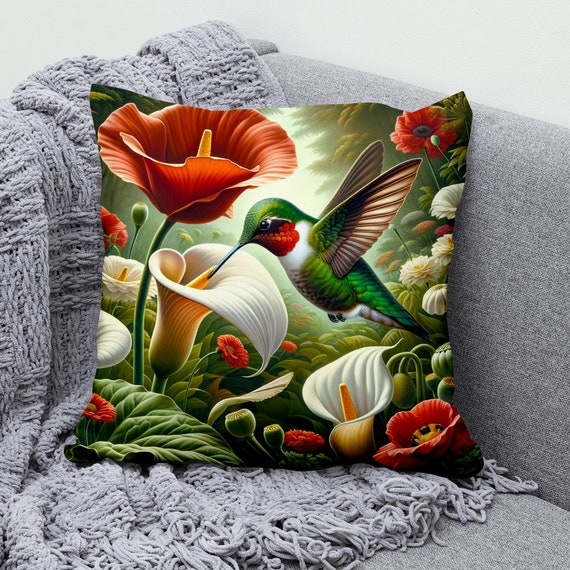 Lush Garden Hummingbird Cushion Cover Floral Poppy Throw Pillow Cover Exotic Sofa Decor Nature inspired Home Accent Etsy