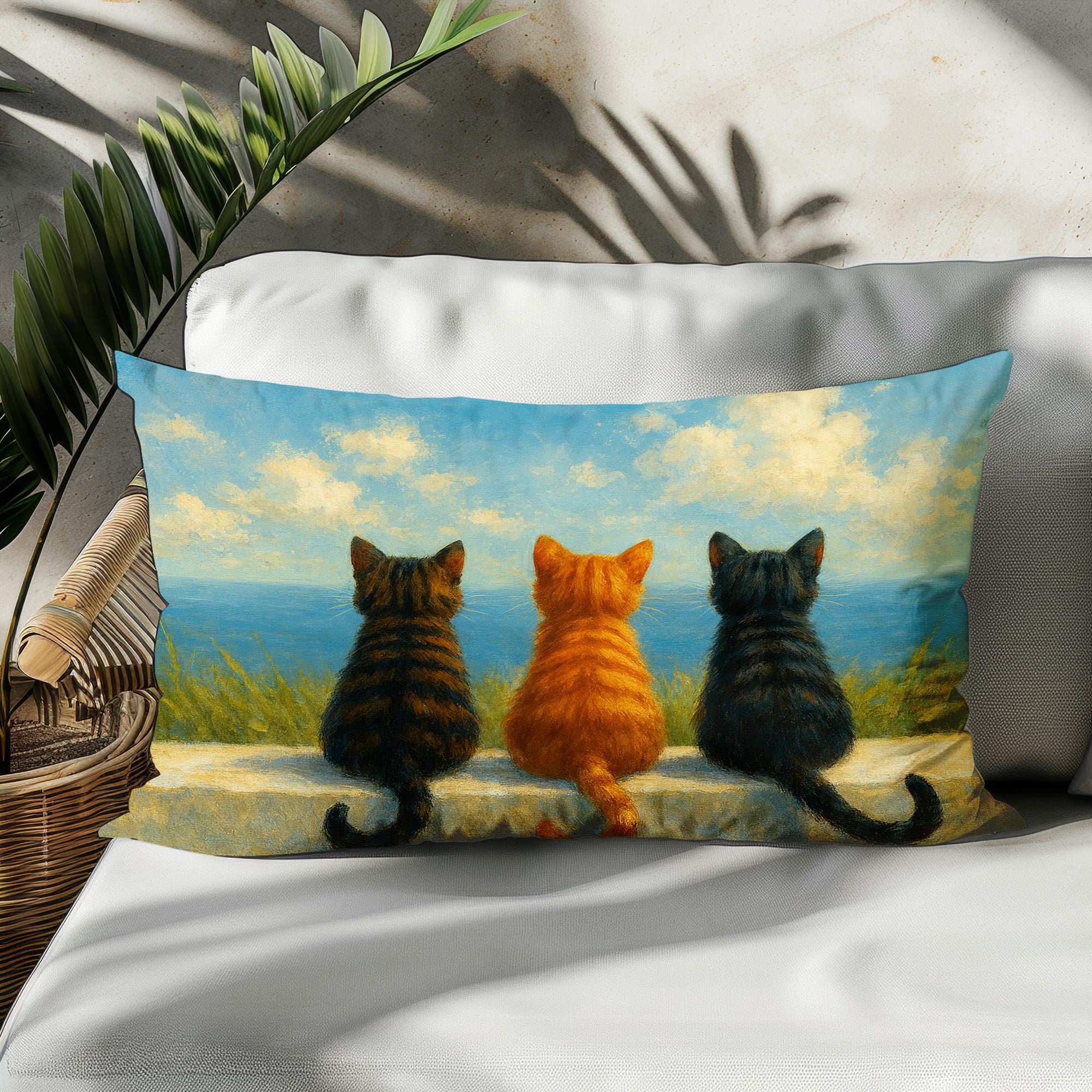 ベッド・クッション・ハウス The Original Cat's Trapeze :: 3-pillow Three Cats Lumbar Pillow – Whimsical Coastal Decor Cushion With
