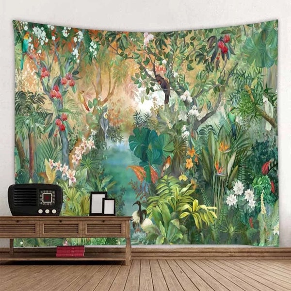 Tropical Tapestry Jungle Wall Tapestry Plants Green Leaves Birds Rainforest Wall Hanging Tapestries for Room Decor