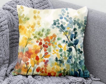Watercolor Floral Throw Pillow Cover, Colorful Botanical Cushion, Artistic Nature Decor, Pillowcase Abstract Leaves Home Accent