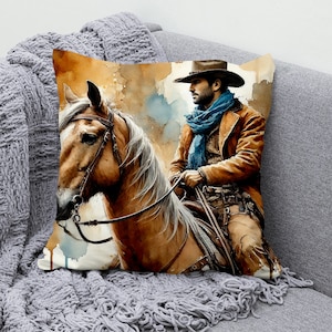 Western Cowboy Throw Pillow Cover, Rustic Horse Pillowcase, Cotton Linen Cushion Cover, Decorative Cowboy Lover Pillow, Vintage Rodeo Design