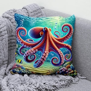 Colorful Octopus Throw Pillow Cover, Vibrant Sea Life Pillowcase, Cotton Linen Cushion Cover, Underwater Decorative Home Accent