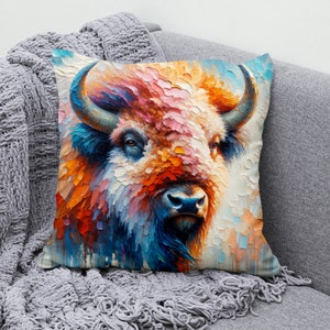 Buffalo Throw Pillow Cover - Artistic Cotton Linen Pillowcase - Western Decorative Cushion Cover for Sofa, Couch, or Bedroom Decor
