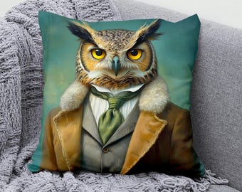 Housse de coussin hibou, coussin hibou gentleman, coussin animal rigolo, décoration hibou style vintage, cadeau pour amoureux des animaux