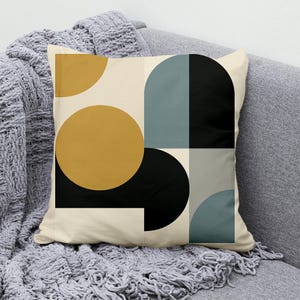 Modernt geometriskt örngott med senapsfärgade och blågrönt – minimalistisk kudde med cirkelbåge för soffa, soffa eller neutral heminredning