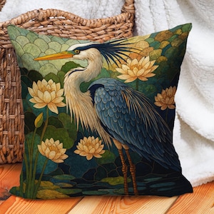 Heron Bird Throw Pillow Cover with Lotus Flowers and Botanical Pattern, Nature-Inspired Crane Cushion Case for Tranquil or Artistic Decor