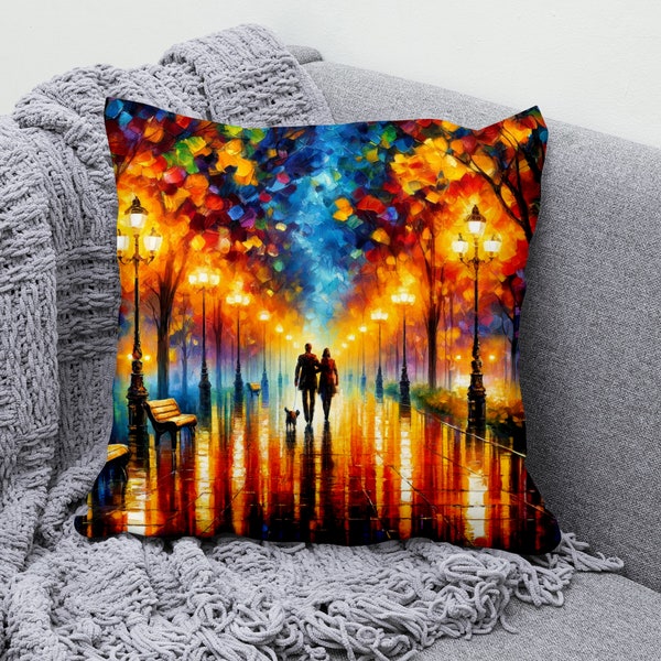 Romantic Rainy Street Scene Throw Pillow Cover, Colorful Cotton Linen Square Cushion Cover, Oil Painting Reproduction Abstract Art Pillow