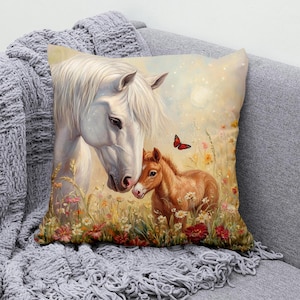 Horse and Foal Throw Pillow Cover, Heartwarming Mother & Baby Horse Pillowcase, Cotton Linen Cushion with Floral Meadow Farmhouse Pillow