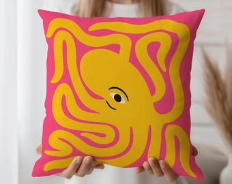 Federa per cuscino a forma di polpo – Cuscino moderno con creature marine rosa acceso e giallo, audace decorazione nautica, cuscino funky con motivo oceanico per bambini o casa sulla spiaggia