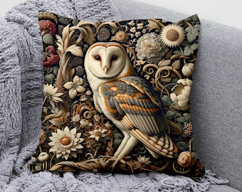 Barn Owl Pillow Cover - Square Cotton Linen Cushion with Floral Design, Cozy Home Decor Pillowcase