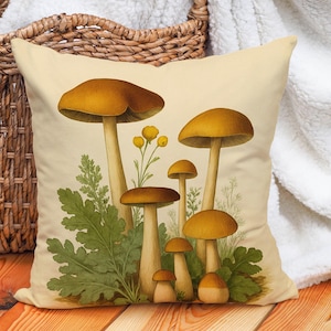 Mushroom Cushion Cover Vintage Botanical Throw Pillow Cover, Cottagecore Pillowcase with Golden Fungi and Leaves, Nature Home Accent